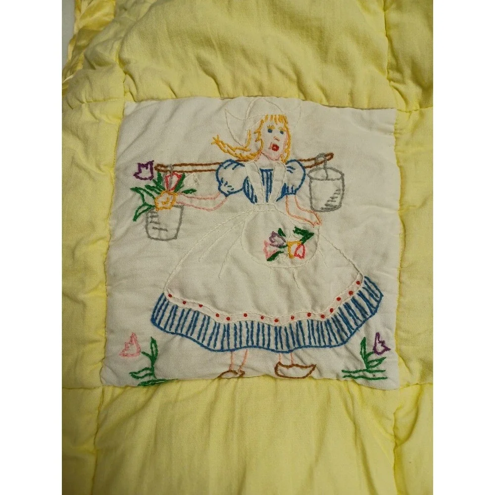 Vtg 70's Quilted Baby Crib Quilt Yellow Animals Embroidery Unisex 48x30